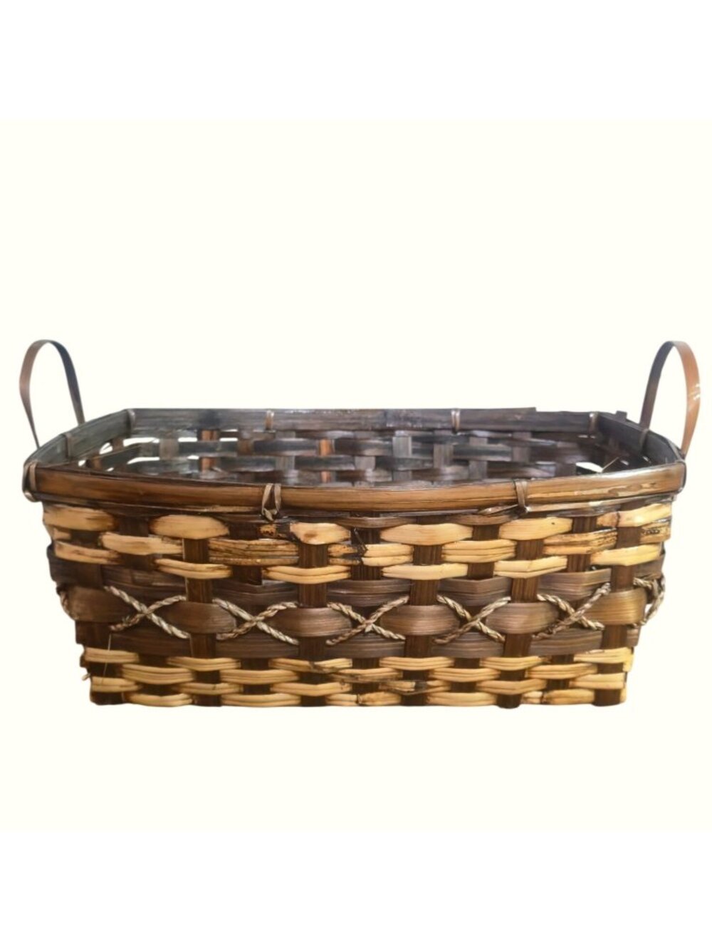 VTG Woven Wood & Reed Basket X-Stitch Accent Handles Rustic Bread Or Serving 15"